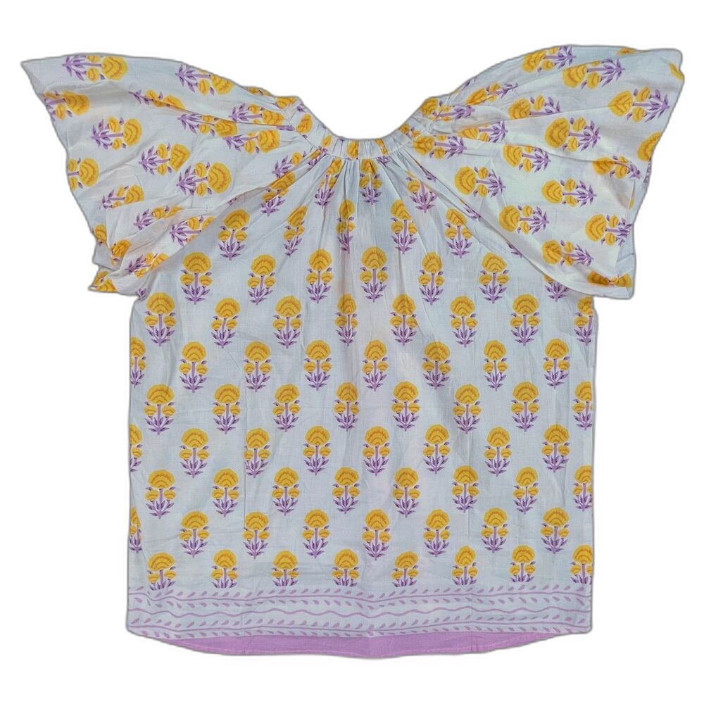 Ivy Jane Border Block Print Blouse Designer Sample M Yellow Purple Cotton Top - Picture 2 of 7